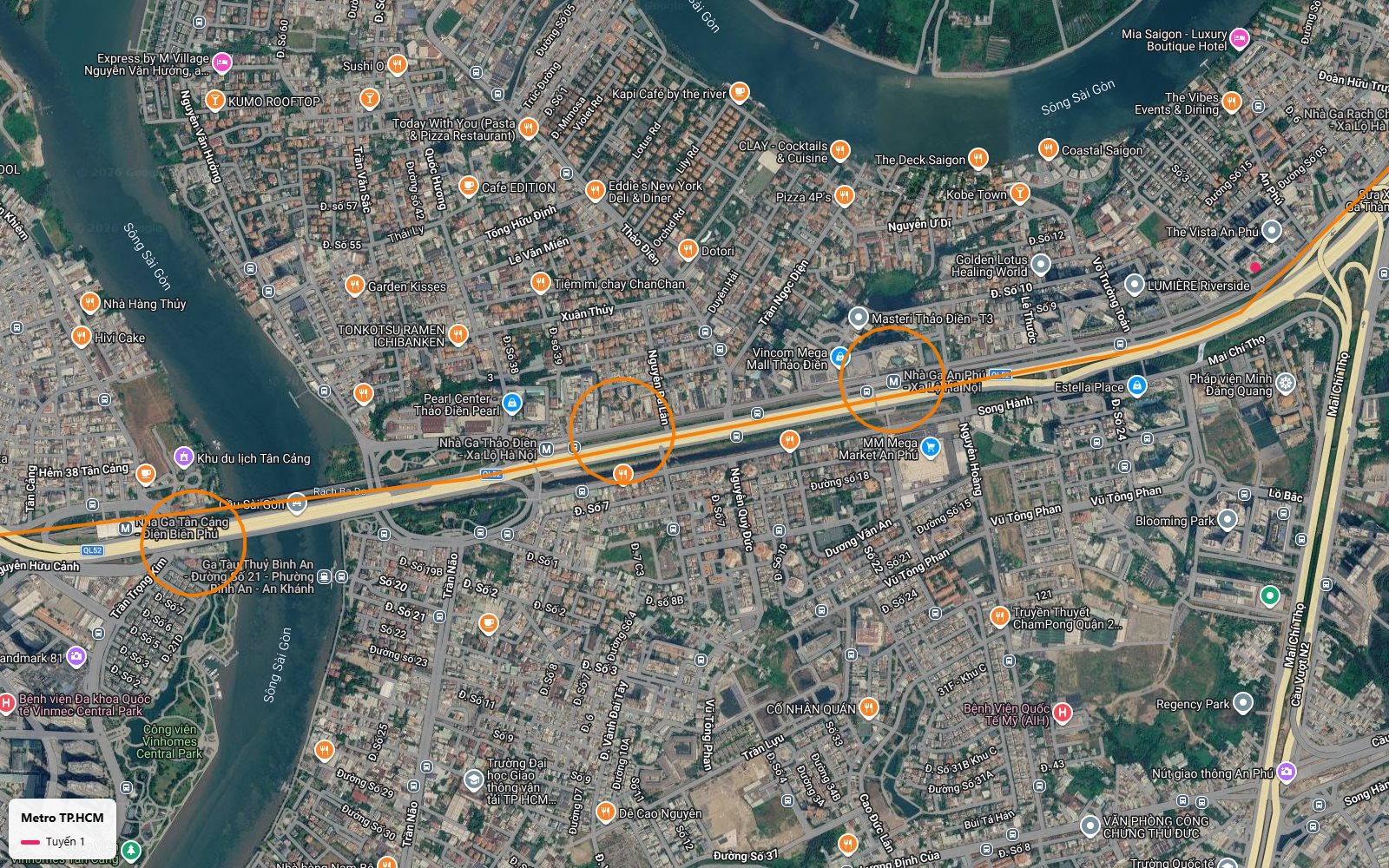 Ga Thảo Điền và ga An Phú của tuyến metro số 1 giữa Vincom Mega Mall, MM Mega Market và Estella Place