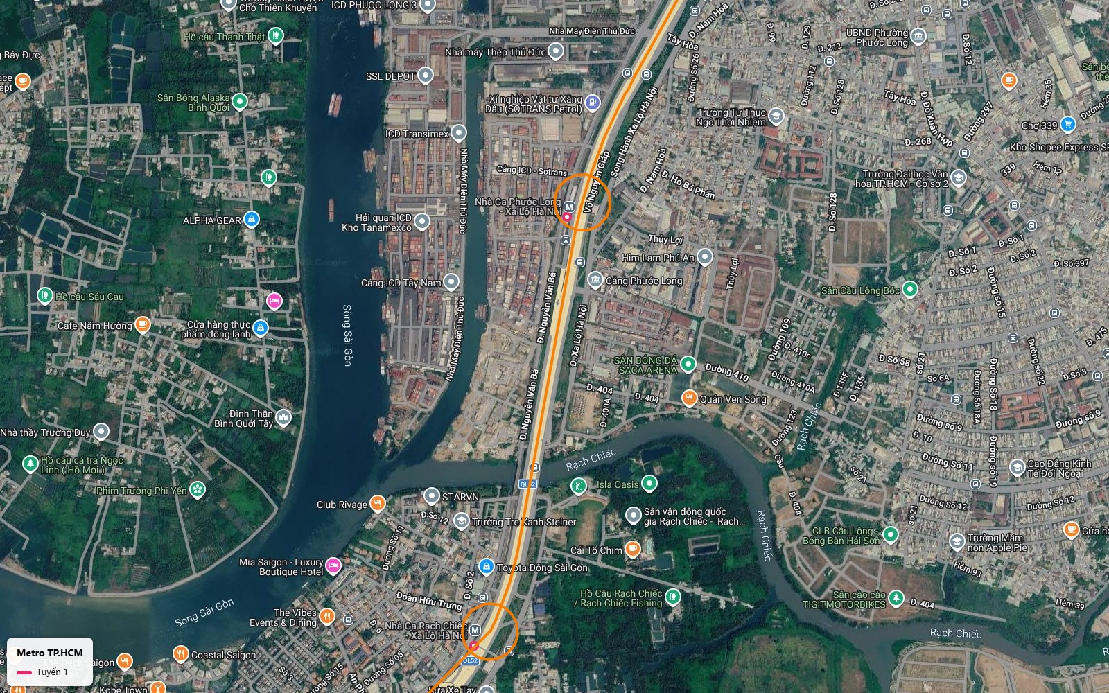Ga Phước Long của tuyến metro số 1 bên cụm cảng ICD Trường Thọ và nhà máy ven sông Sài Gòn