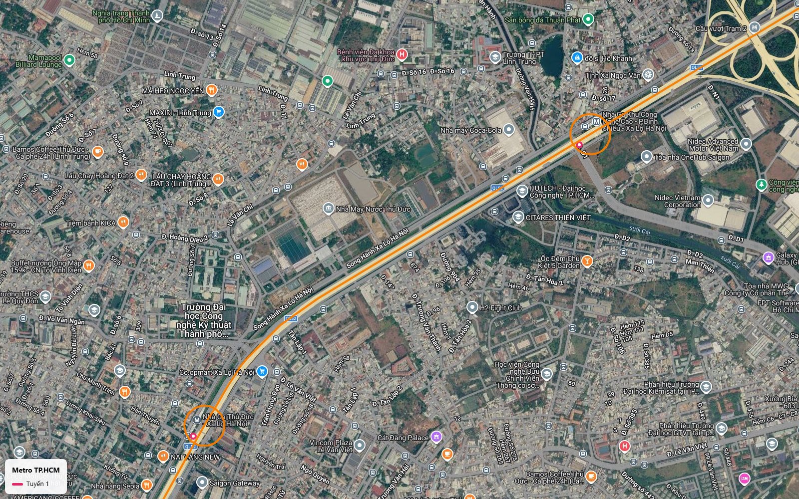 Ga Khu Công nghệ cao của tuyến metro số 1 tại Linh Trung, giữa nhà máy Coca-Cola, Nidec và OneHub Saigon