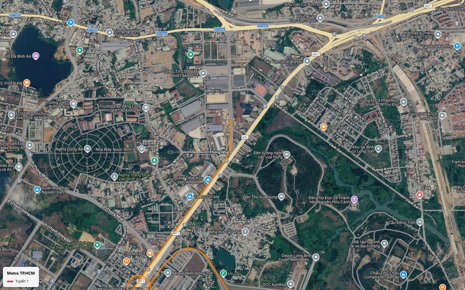 Đoạn tuyến metro số 1 qua Dĩ An hướng Tân Vạn, gần Vành Đai 3, cảng Bình Dương và các depot logistics