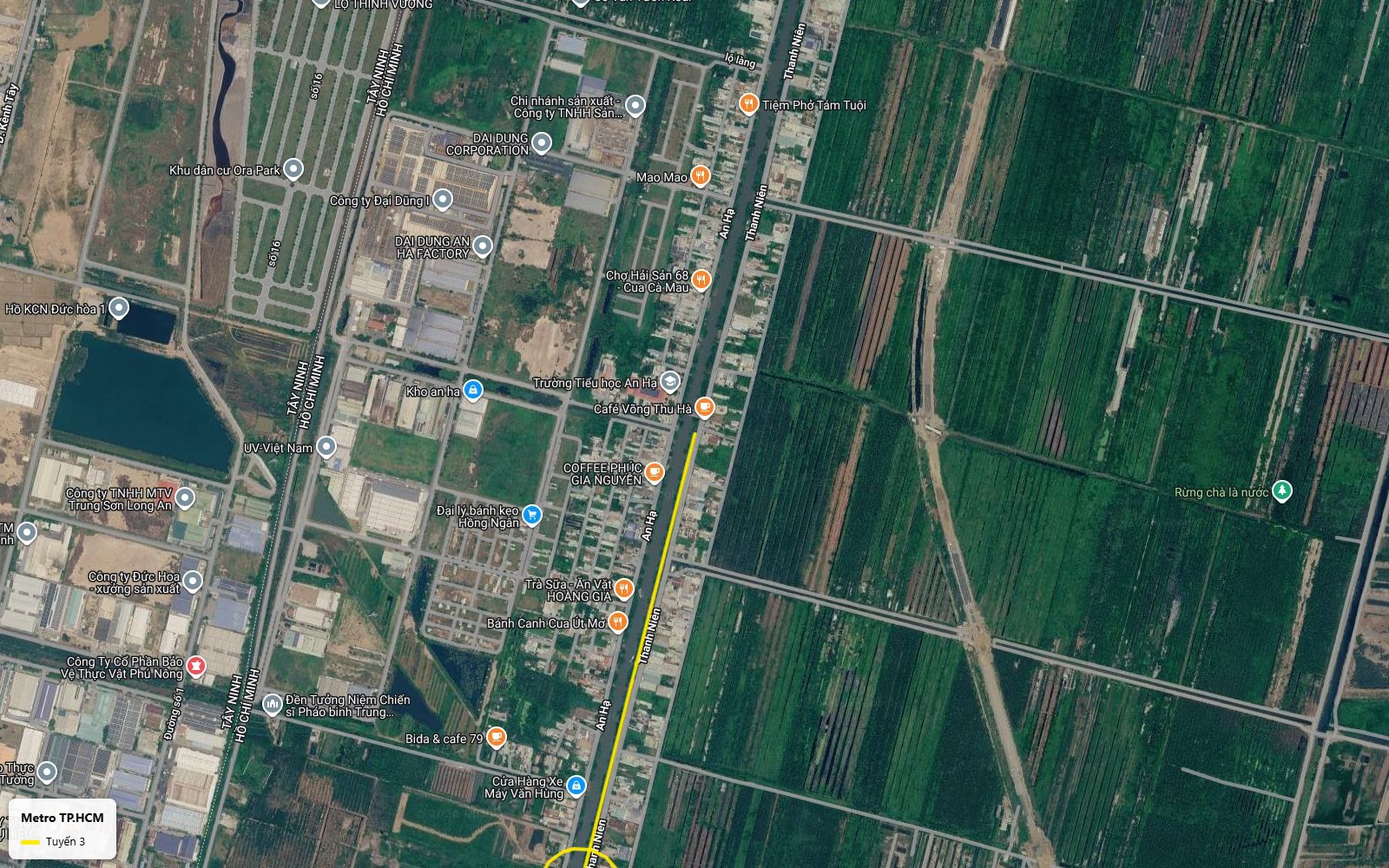 Toàn cảnh khung mở đầu bản đồ tuyến metro số 3 TP.HCM trên trục An Hạ - Thanh Niên, huyện Bình Chánh, ảnh vệ tinh