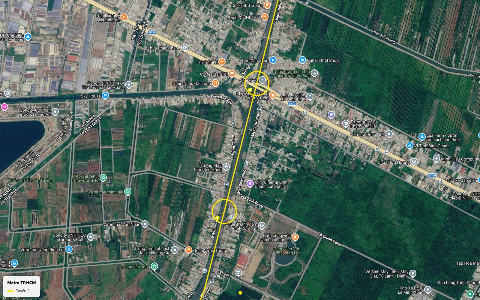 Toàn cảnh bản đồ tuyến metro số 3 TP.HCM tại ga Cầu Xáng trên tỉnh lộ DT10, gần nhà thờ Ninh Phát và chùa Bửu Hương
