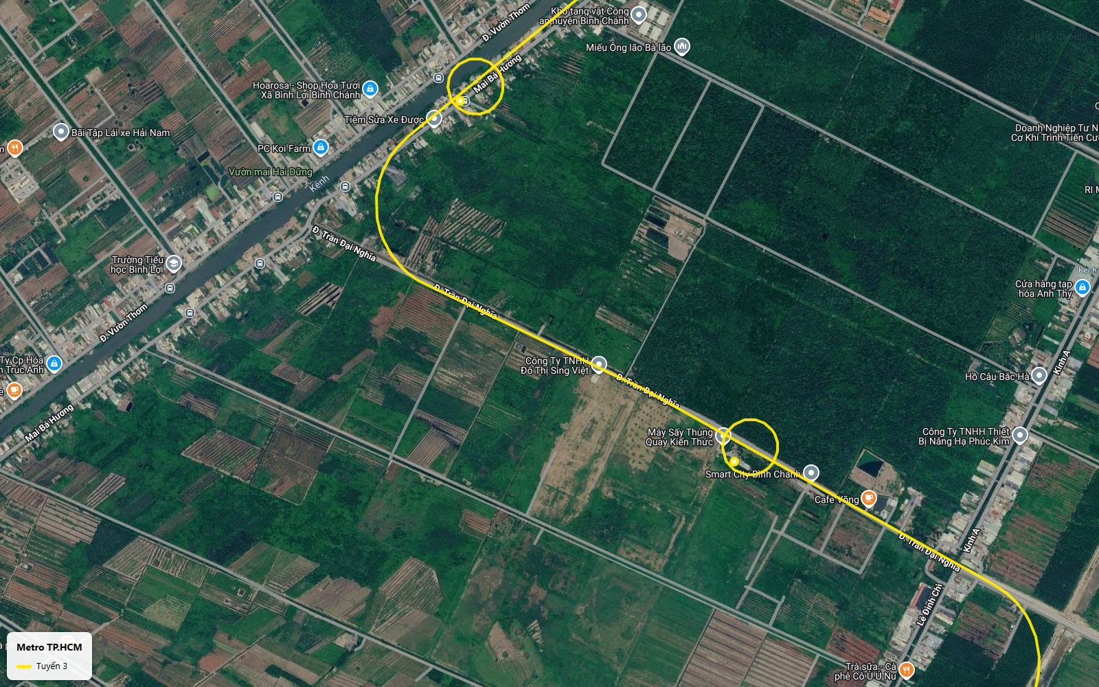 Toàn cảnh bản đồ tuyến metro số 3 TP.HCM dọc Trần Đại Nghĩa với ga khu Smart City Bình Chánh và đô thị Sing Việt