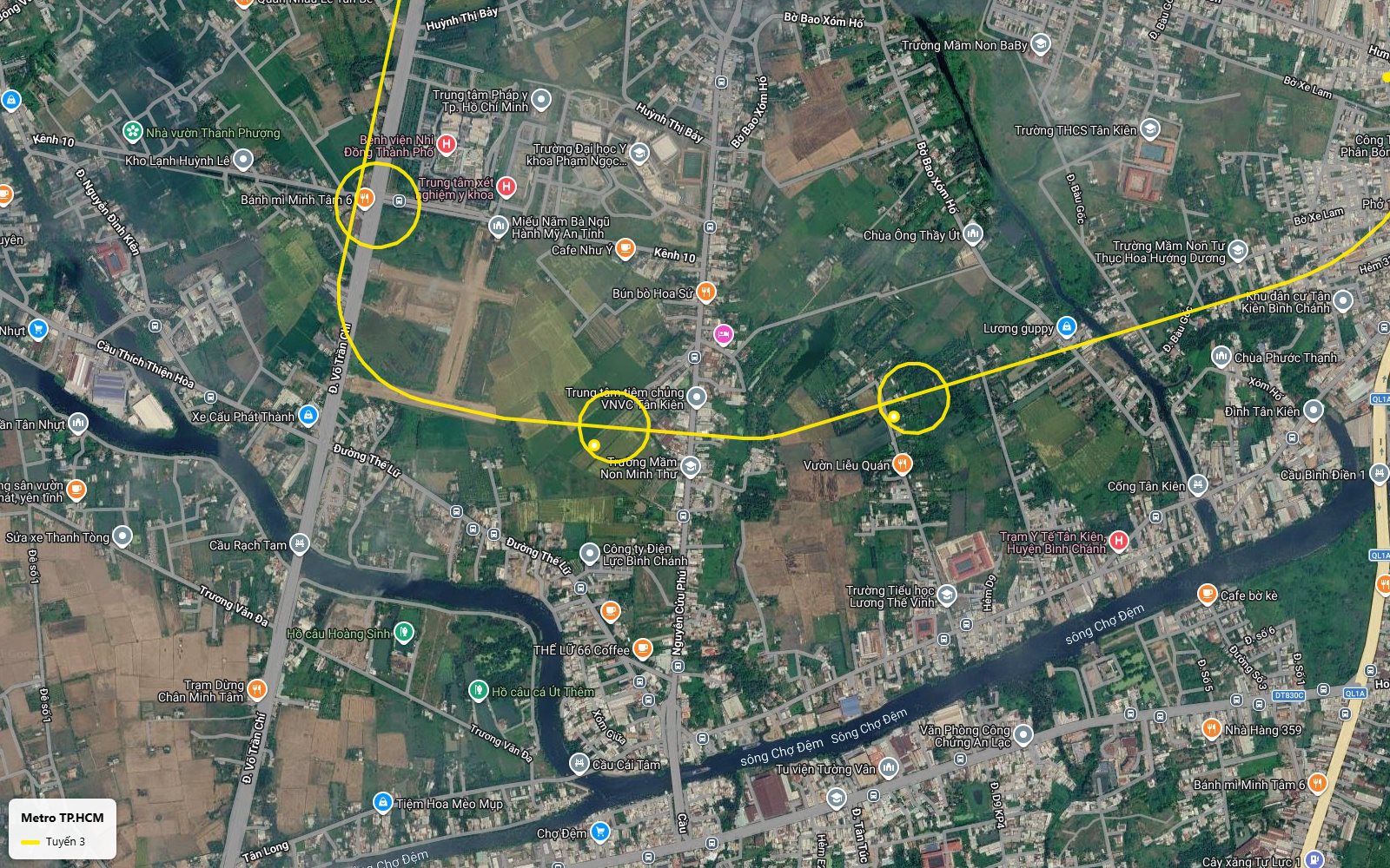 Toàn cảnh bản đồ tuyến metro số 3 TP.HCM men khu dân cư Tân Kiên bên sông Chợ Đệm và thị tứ Chợ Đệm, Bình Chánh