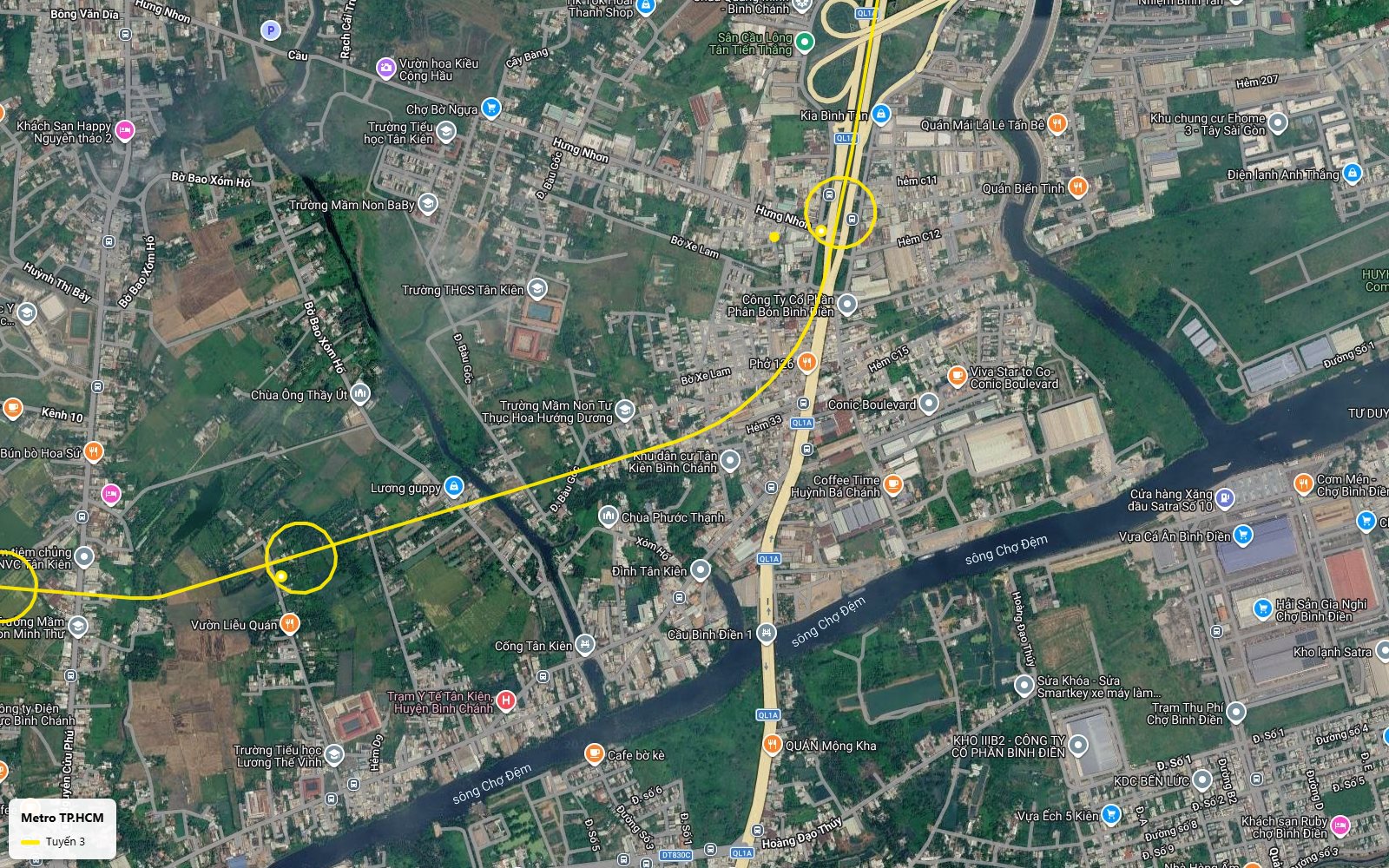 Toàn cảnh bản đồ tuyến metro số 3 TP.HCM vượt Quốc lộ 1A tại Hưng Nhơn, gần sông Chợ Đệm và kho bãi chợ đầu mối Bình Điền