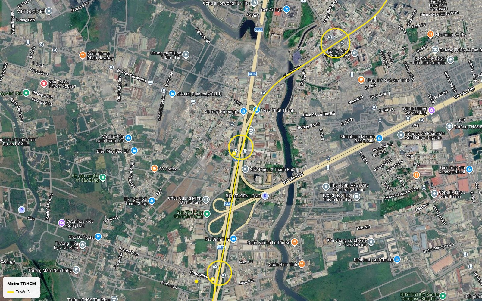 Toàn cảnh bản đồ tuyến metro số 3 TP.HCM qua nút giao Quốc lộ 1A - Võ Văn Kiệt và cầu An Lạc, gần Akari City