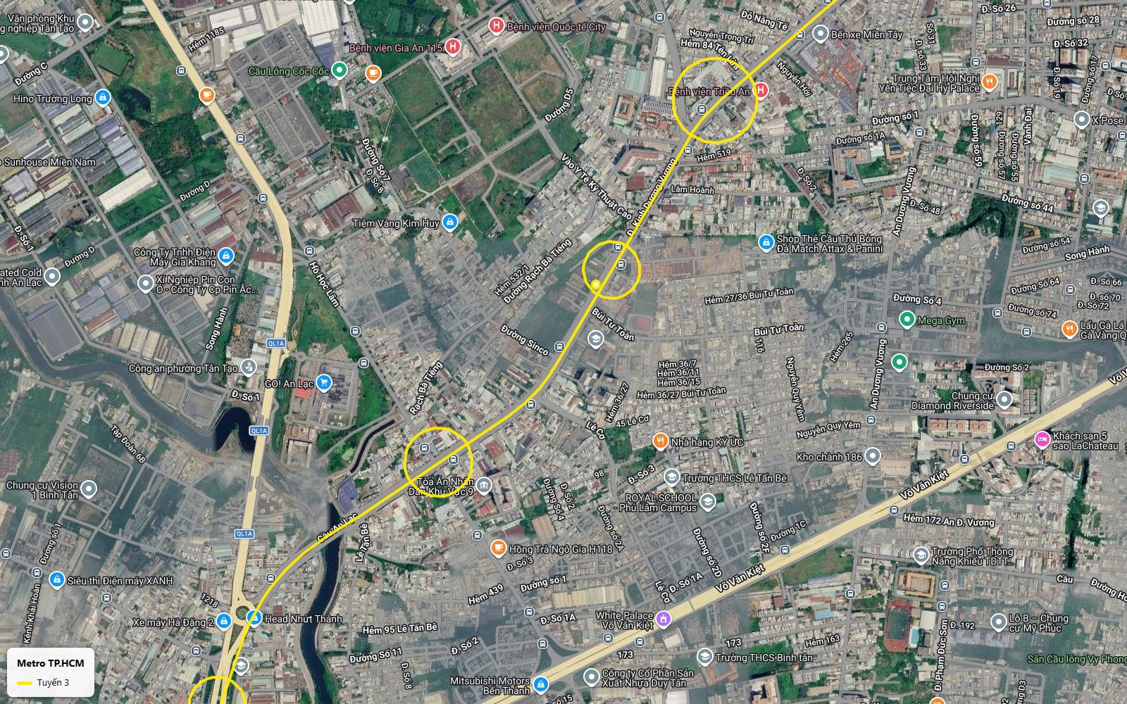 Toàn cảnh bản đồ tuyến metro số 3 TP.HCM dọc đại lộ Kinh Dương Vương qua Bệnh viện Triều An, hướng Bến xe Miền Tây