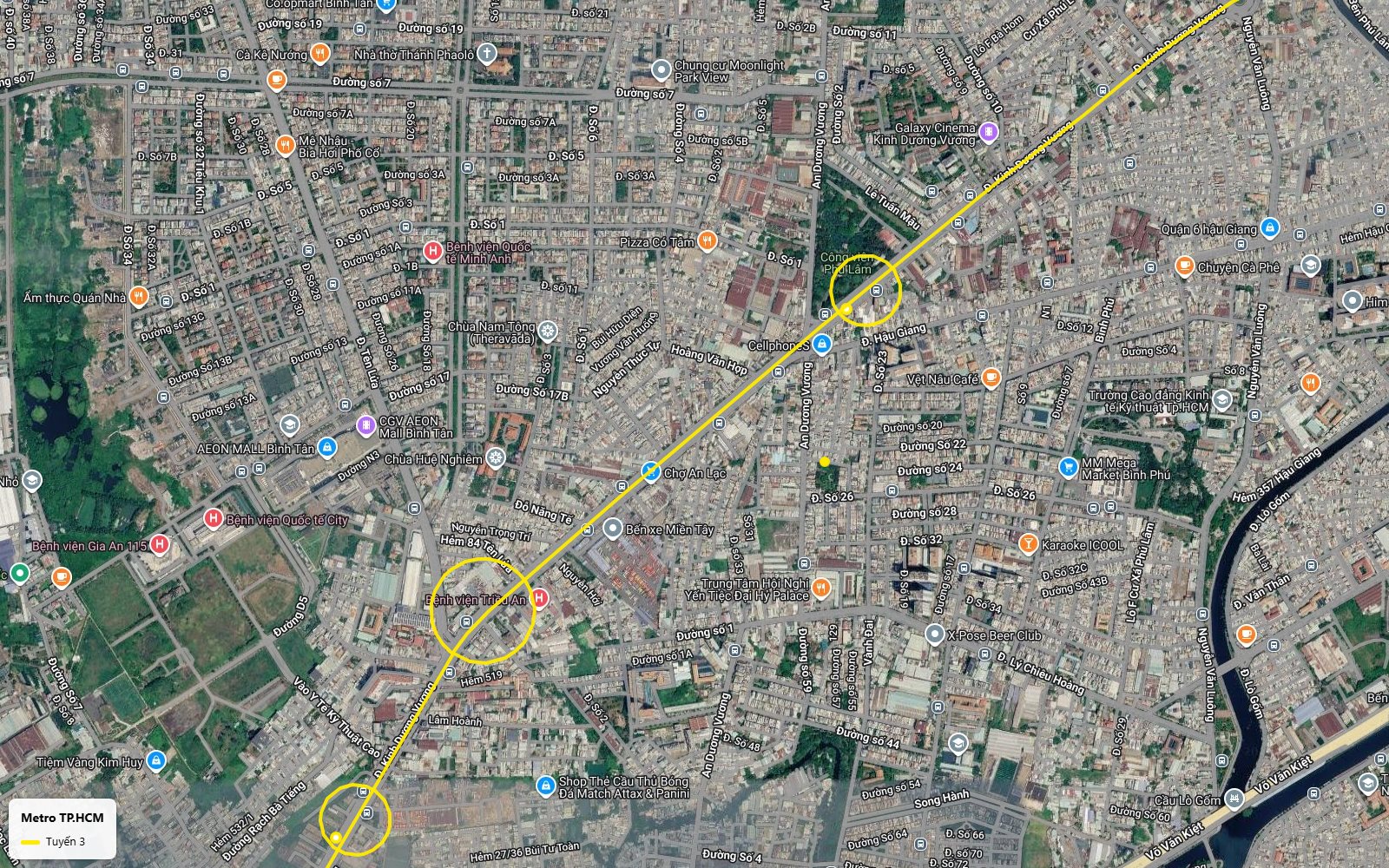 Toàn cảnh bản đồ tuyến metro số 3 TP.HCM qua chợ An Lạc, AEON Mall Bình Tân đến ga Công viên Phú Lâm, Quận 6