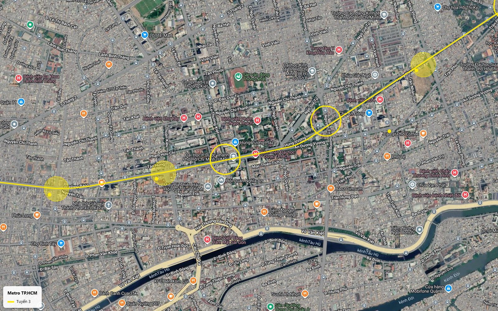 Toàn cảnh bản đồ tuyến metro số 3 TP.HCM trên trục Hùng Vương với ga Đại học Y Dược và ga Nguyễn Tri Phương gần chợ An Đông