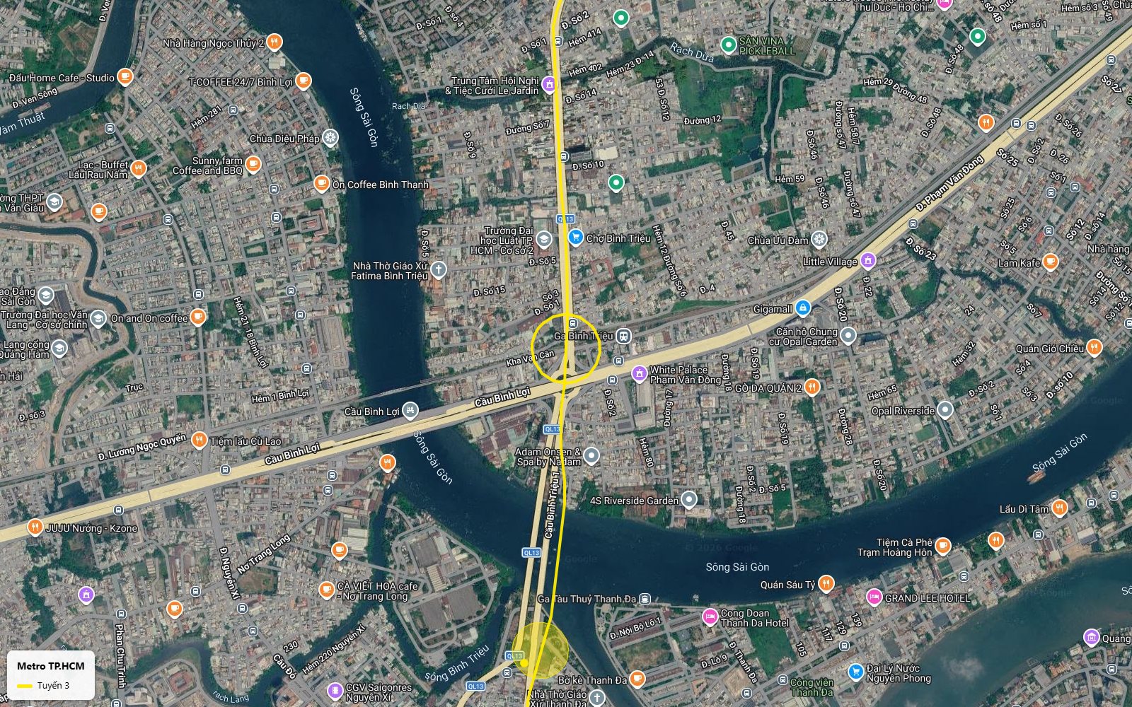 Toàn cảnh bản đồ tuyến metro số 3 TP.HCM vượt sông Sài Gòn tại cầu Bình Triệu, qua Ga Bình Triệu gần Gigamall