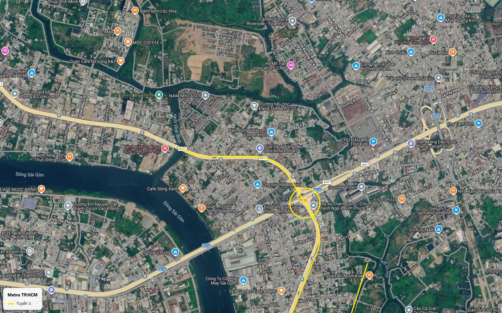 Toàn cảnh bản đồ tuyến metro số 3 TP.HCM tại ga cuối ngã tư Bình Phước, giao Quốc lộ 13 và Quốc lộ 1A, gần chợ đầu mối Thủ Đức