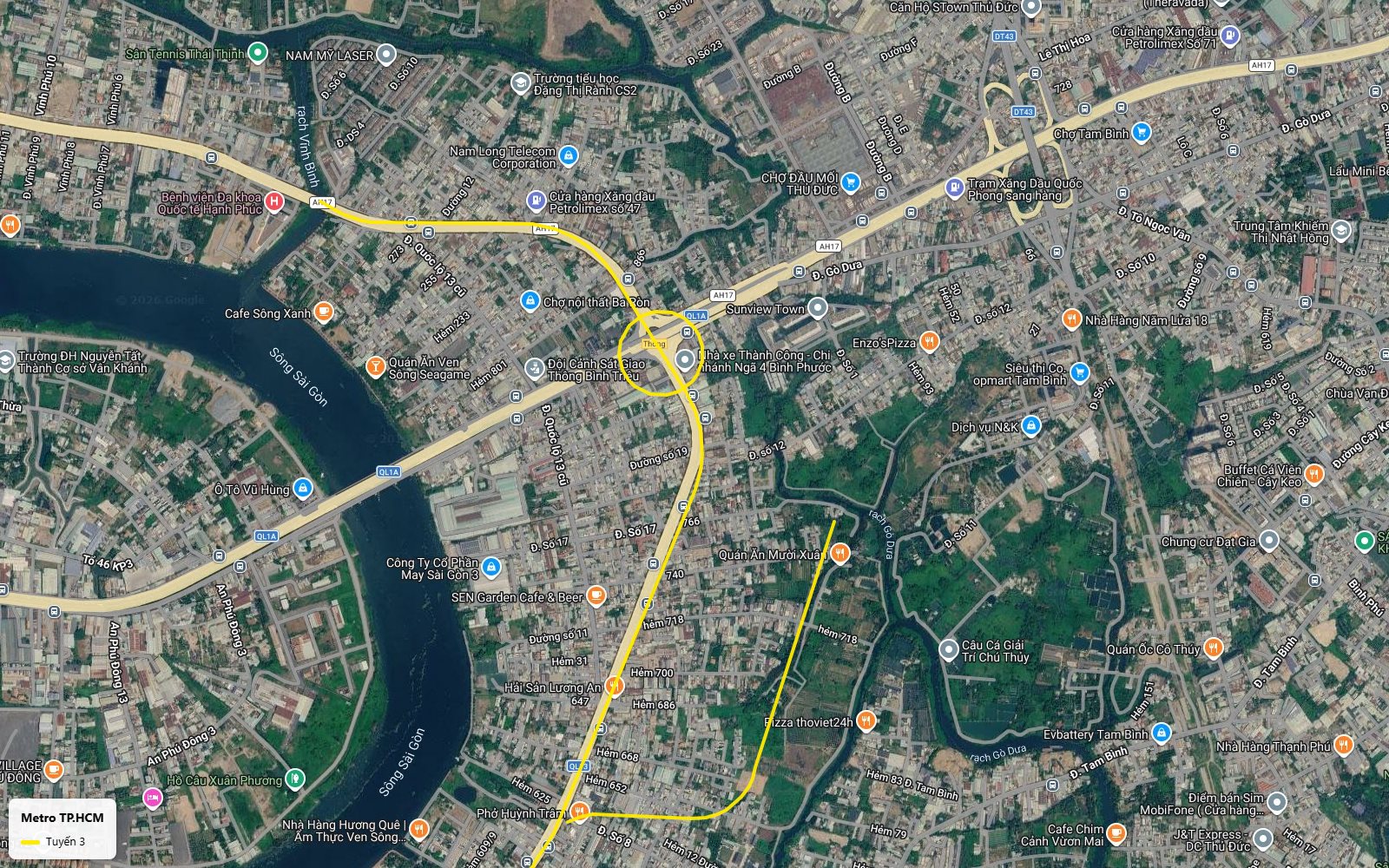 Toàn cảnh bản đồ nhánh nối depot tuyến metro số 3 TP.HCM men rạch Gò Dưa, khu Hiệp Bình - Tam Bình, Thủ Đức