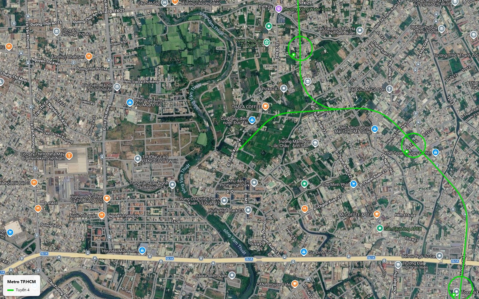 Bản đồ tuyến metro số 4 TP.HCM tại Thạnh Xuân Quận 12, nhánh cong về Hà Huy Giáp và Bến xe Ngã Tư Ga