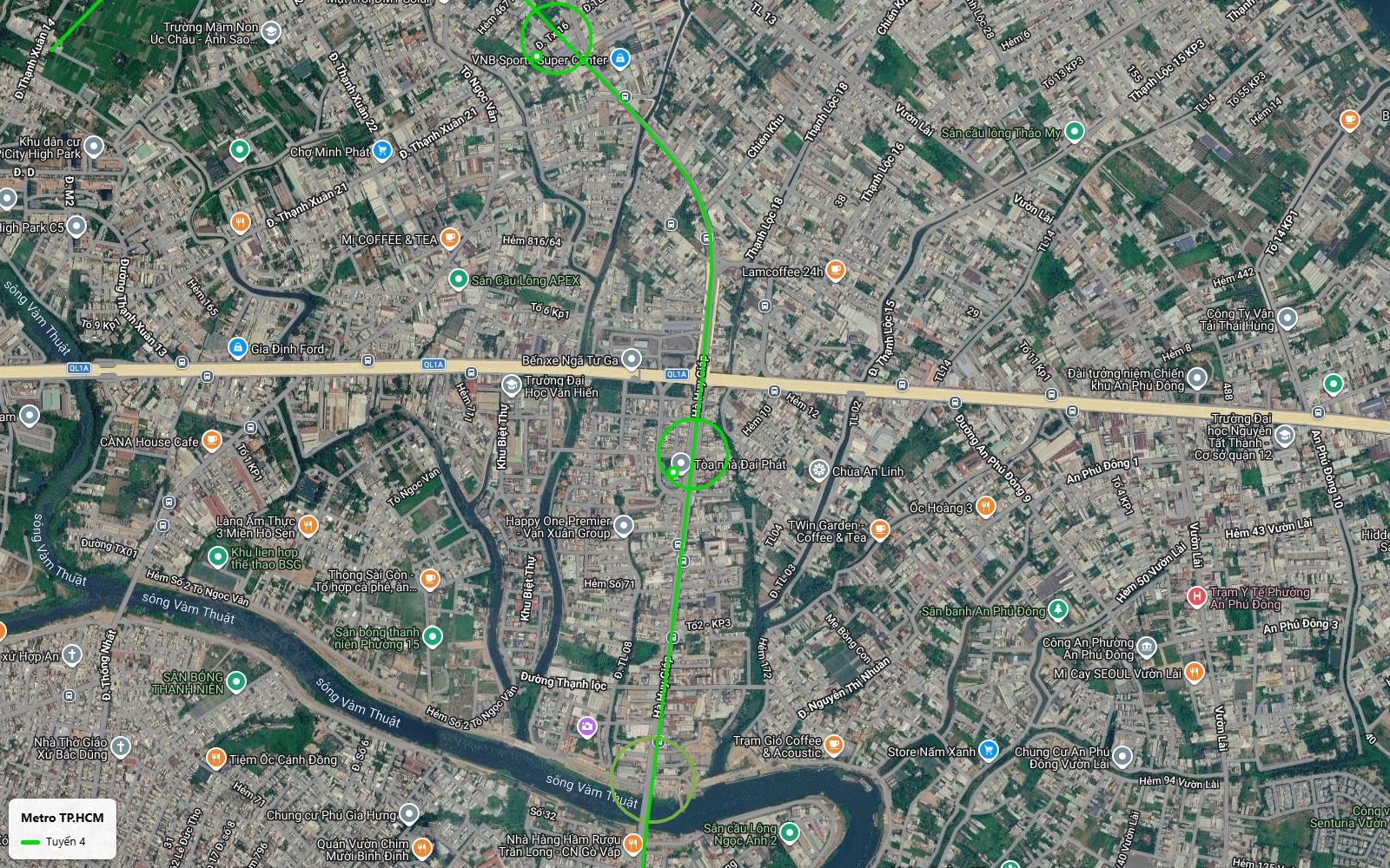 Bản đồ tuyến metro số 4 TP.HCM vượt Quốc lộ 1A tại Bến xe Ngã Tư Ga, ga gần Tòa nhà Đại Phát