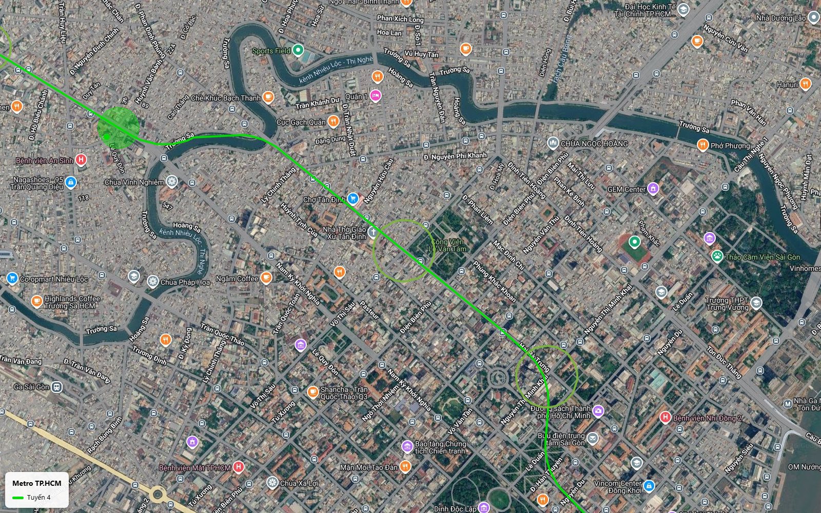 Bản đồ tuyến metro số 4 đoạn chợ Tân Định, nhà thờ Tân Định, ga công viên Lê Văn Tám trên trục Hai Bà Trưng