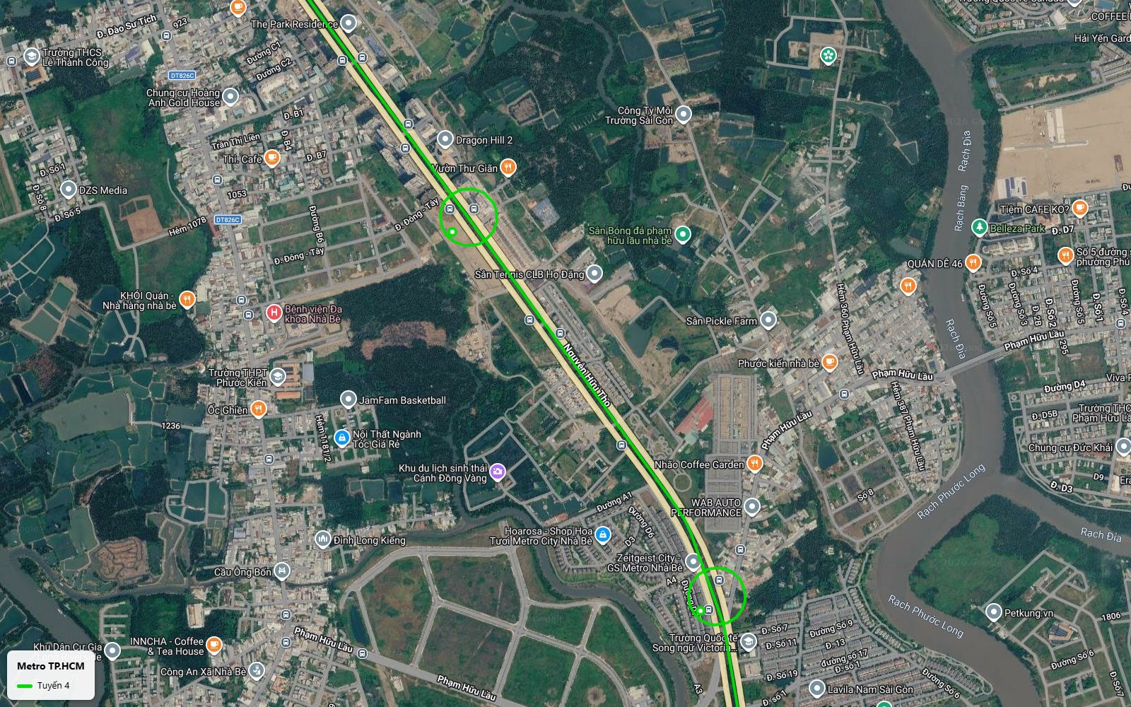 Bản đồ tuyến metro số 4 Nhà Bè từ ga đường Đông Tây qua bệnh viện Nhà Bè tới khu đô thị Zeitgeist City