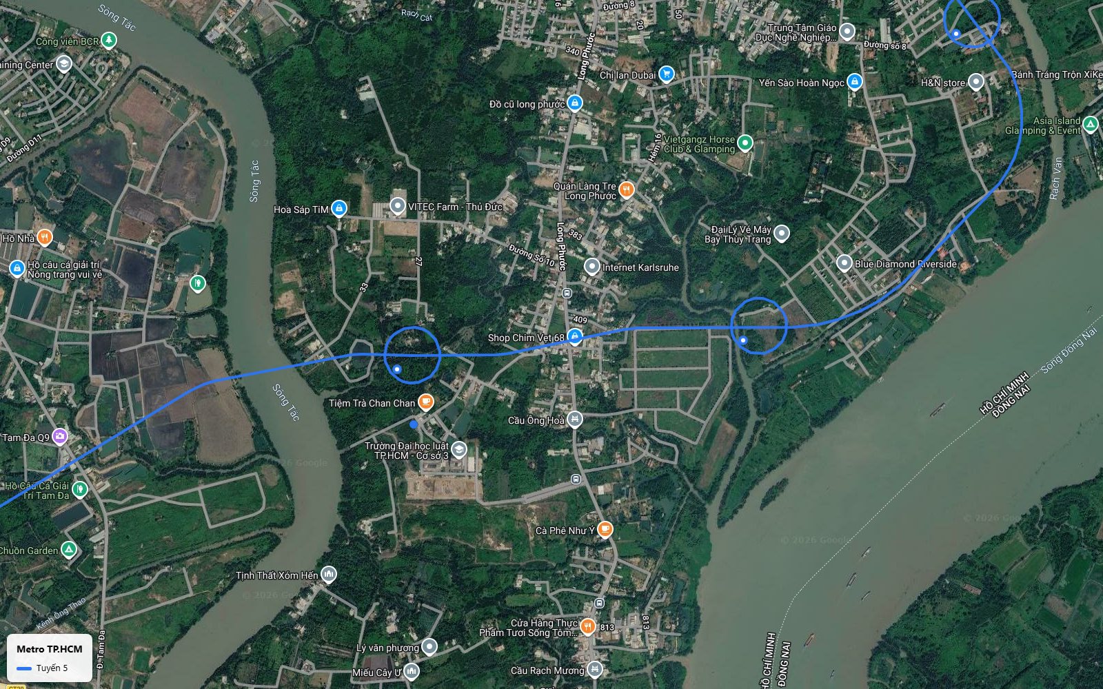 Khung bản đồ metro số 5 vượt sông Tắc sang Long Phước hướng ra sông Đồng Nai, TP Thủ Đức