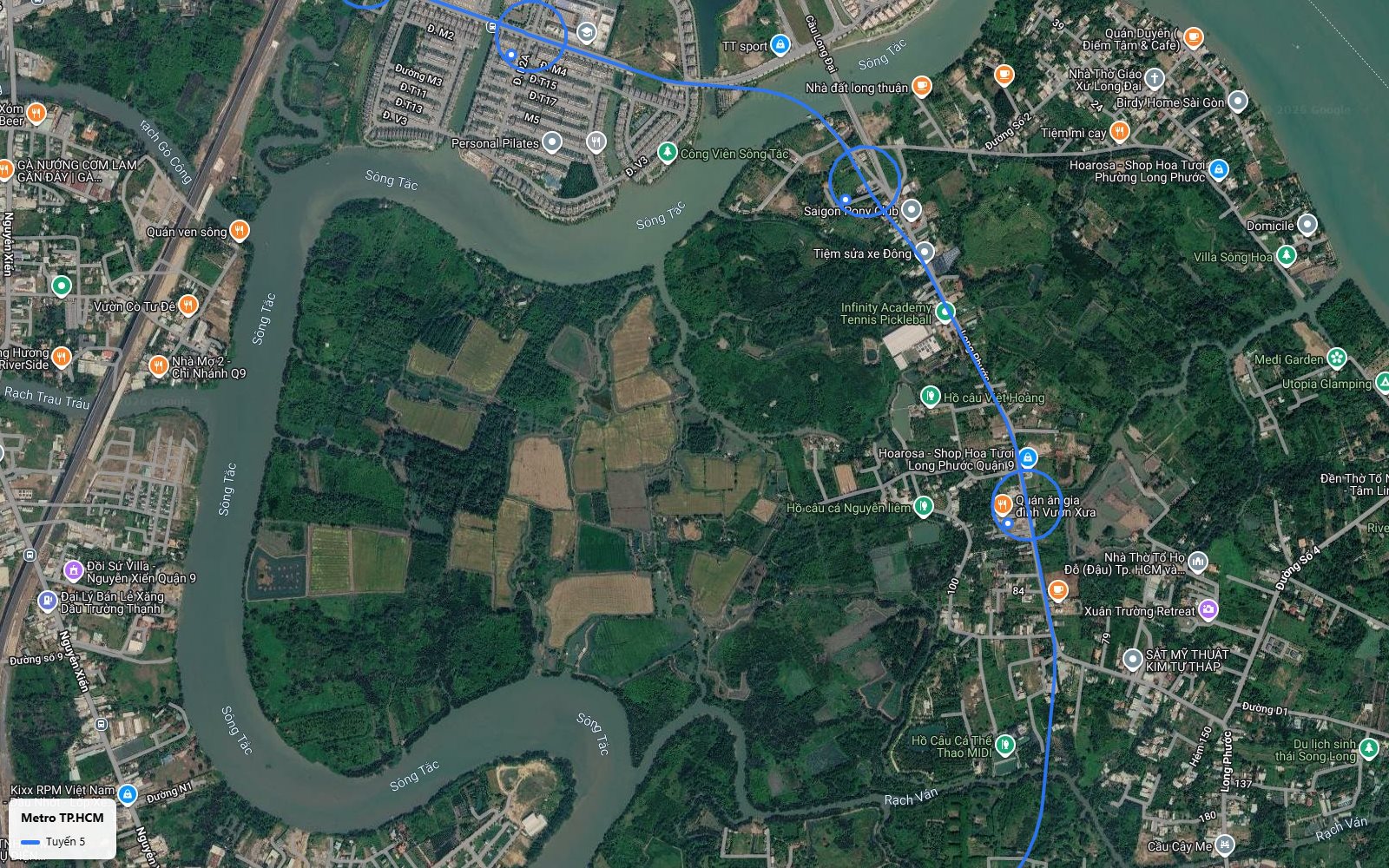 Khung toàn cảnh bản đồ metro số 5 dọc đường Long Phước vượt sông Tắc khu cầu Long Đại