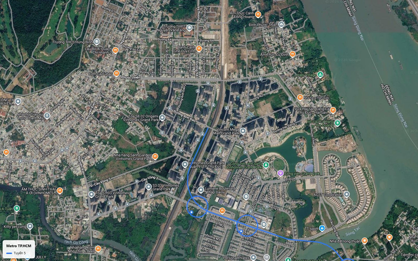 Khung toàn cảnh bản đồ metro số 5 xuyên tâm Vinhomes Grand Park gần Vincom Mega Mall Grand Park