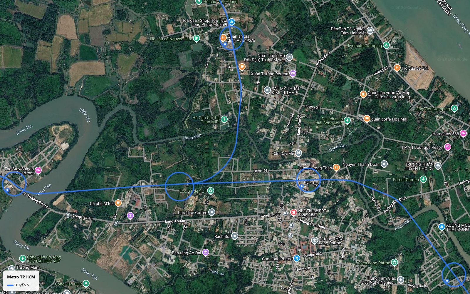 Khung toàn cảnh bản đồ metro số 5 khép vòng Long Phước và hướng về cầu Trường Phước, TP Thủ Đức