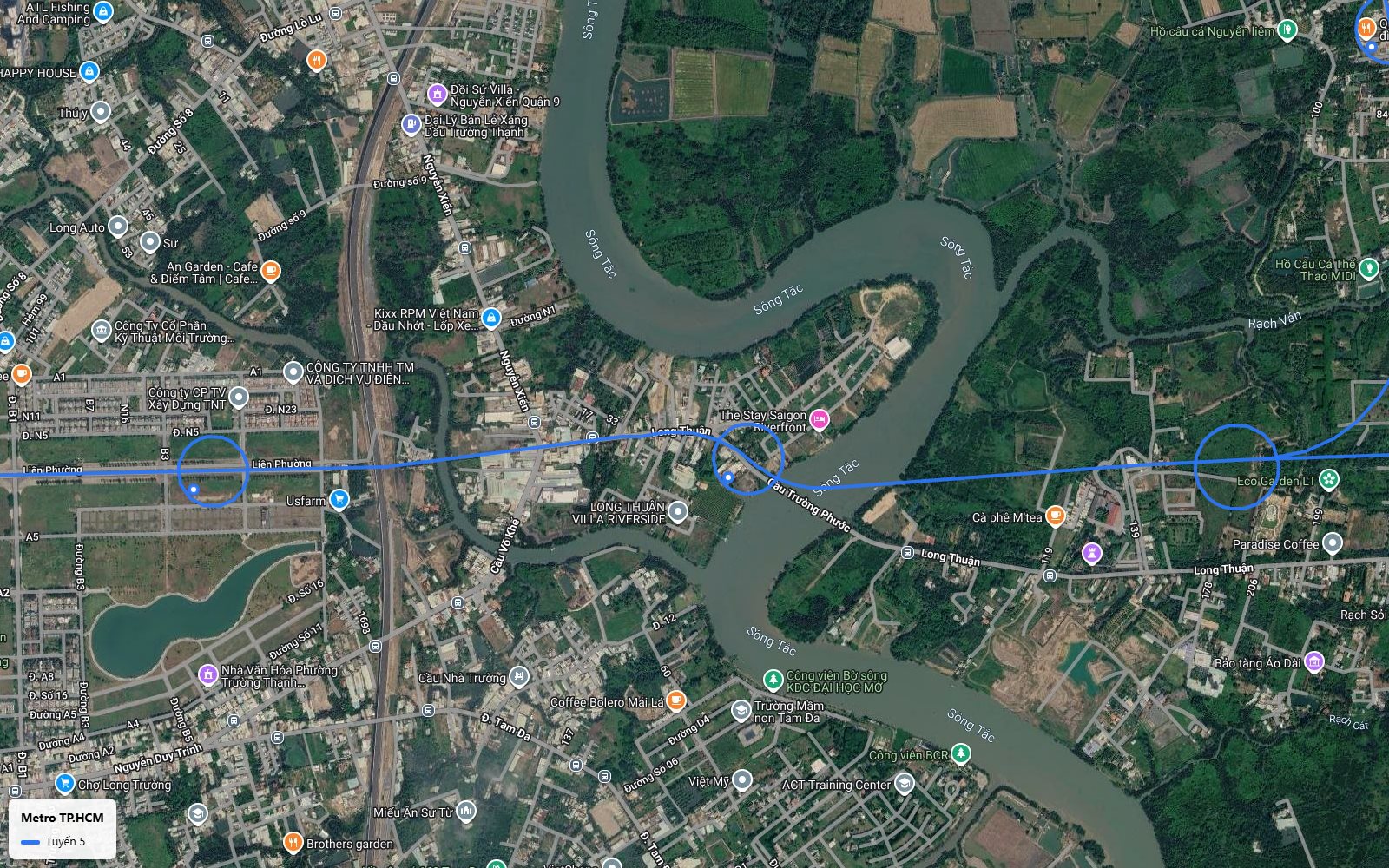 Khung bản đồ metro số 5 vượt sông Tắc tại cầu Trường Phước vào trục Long Thuận, Liên Phường