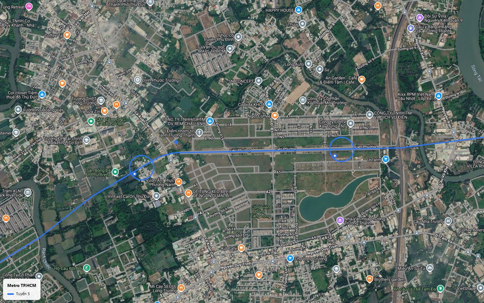Khung toàn cảnh bản đồ metro số 5 trên đường Liên Phường qua khu đô thị Đông Tăng Long, TP Thủ Đức