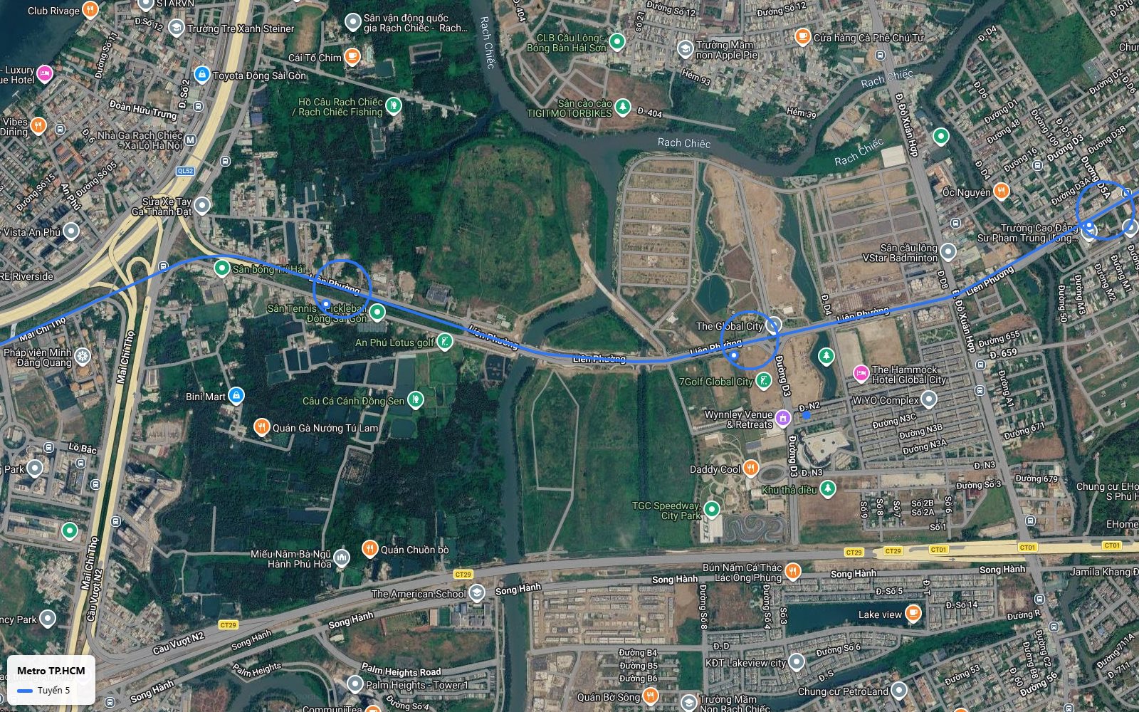 Khung bản đồ metro số 5 đi giữa The Global City và khu quy hoạch sân vận động quốc gia Rạch Chiếc