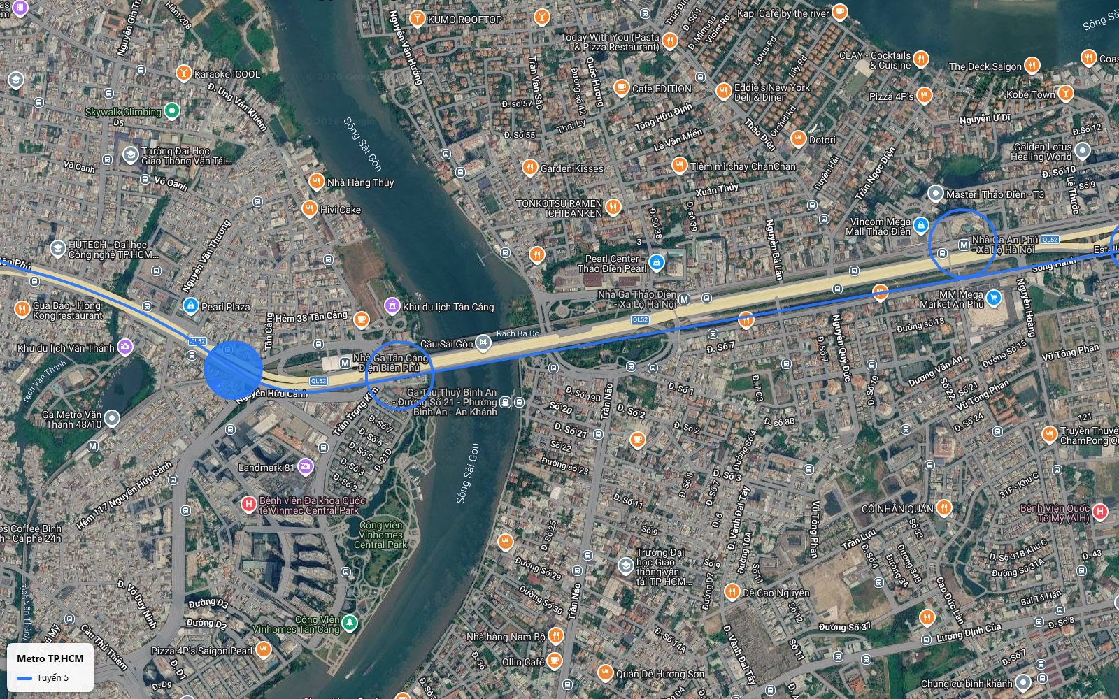 Khung bản đồ metro số 5 vượt sông Sài Gòn theo hành lang cầu Sài Gòn, gần ga Tân Cảng và Landmark 81