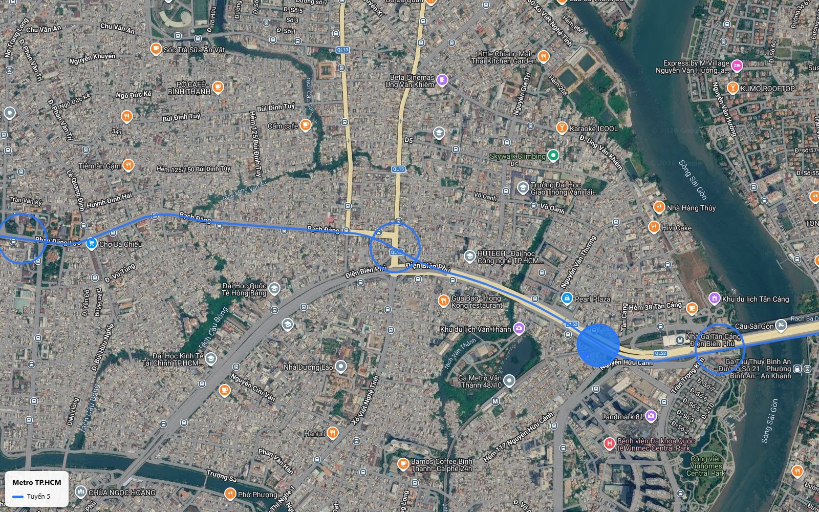 Khung bản đồ metro số 5 đoạn Điện Biên Phủ, Bạch Đằng qua Bình Thạnh về chợ Bà Chiểu