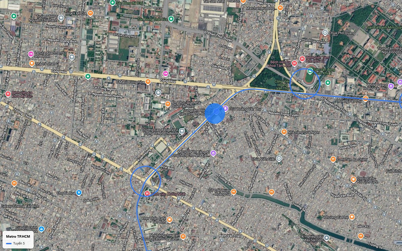 Khung toàn cảnh bản đồ metro số 5 qua khu Lăng Cha Cả, đường Cộng Hòa và Bệnh viện Thống Nhất, Tân Bình