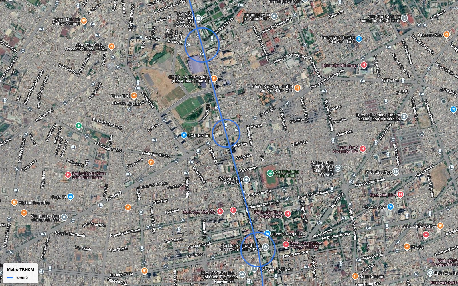 Khung toàn cảnh bản đồ metro số 5 trên Lý Thường Kiệt qua Đại học Bách khoa, Chợ Rẫy, Đại học Y Dược