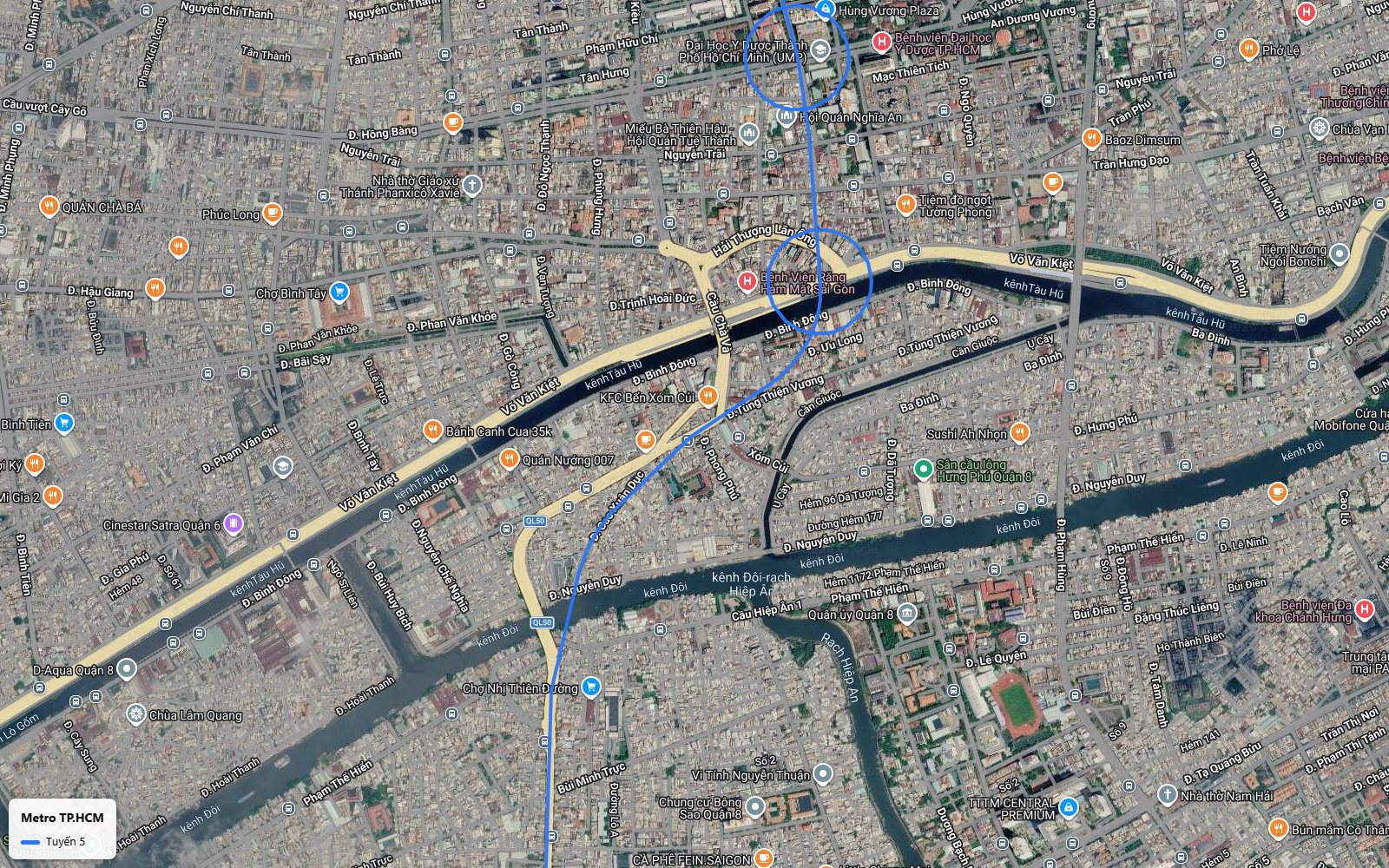Khung bản đồ metro số 5 vượt đại lộ Võ Văn Kiệt, kênh Tàu Hủ và kênh Đôi vào Quận 8