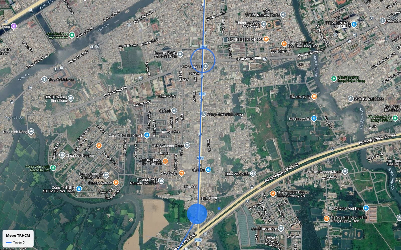 Khung toàn cảnh bản đồ metro số 5 dọc Quốc lộ 50 qua xã Bình Hưng, giao đại lộ Nguyễn Văn Linh