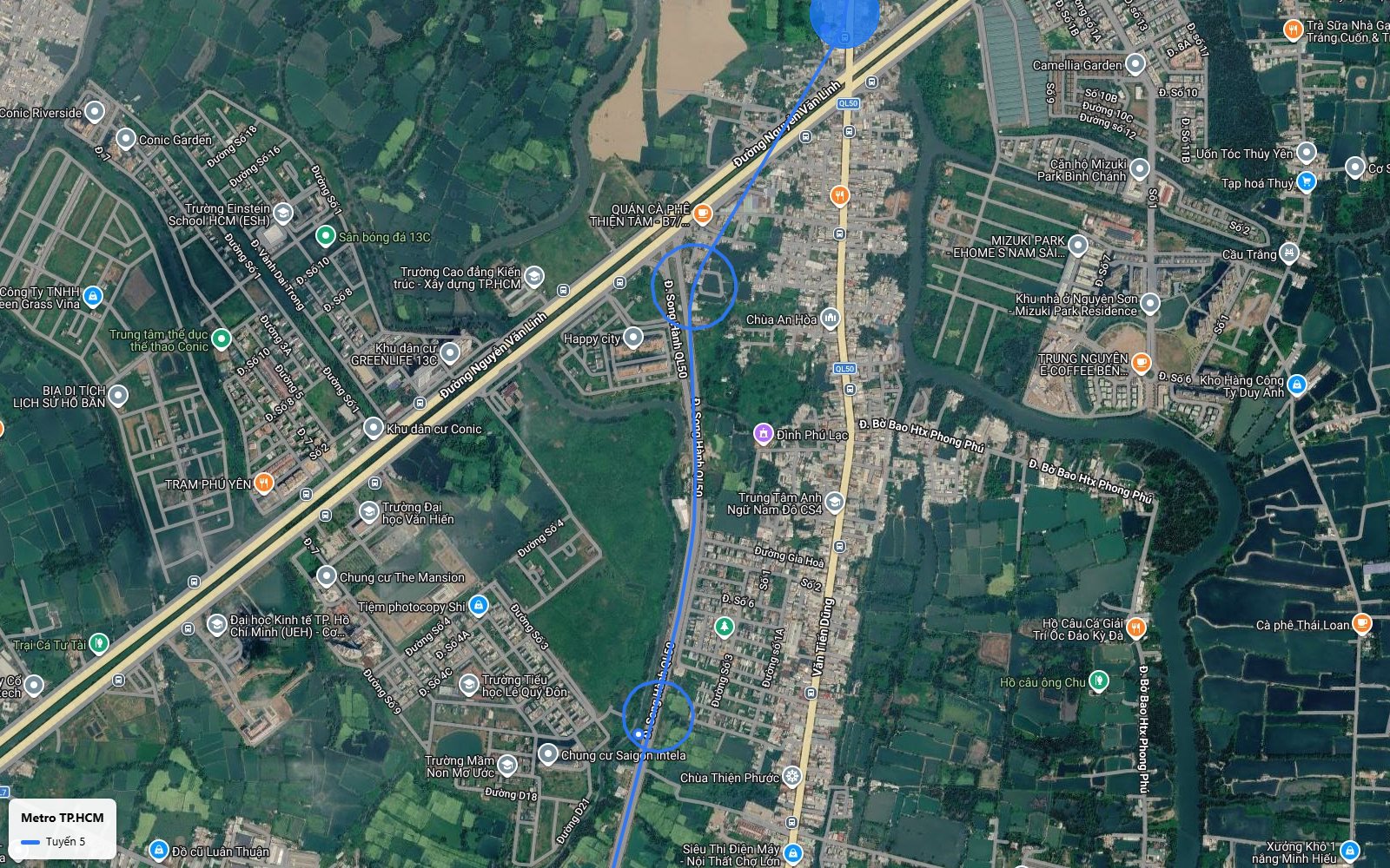 Khung bản đồ metro số 5 theo đường Song Hành Quốc lộ 50 qua xã Phong Phú, gần Mizuki Park