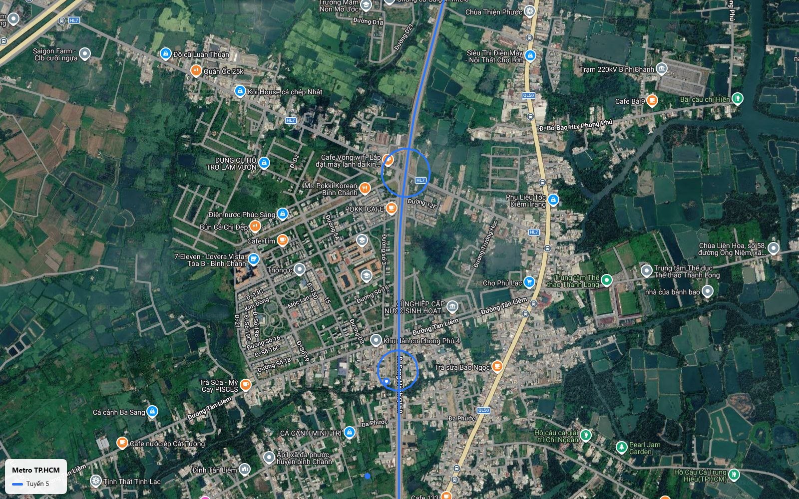 Khung toàn cảnh bản đồ metro số 5 trên Quốc lộ 50 qua khu Phong Phú 4 và chợ Phú Lạc, hướng Đa Phước