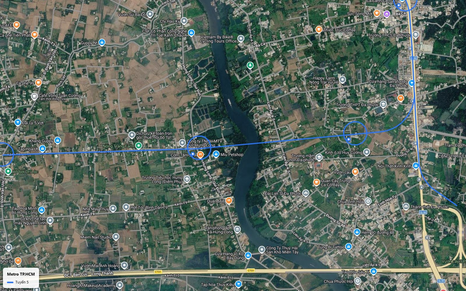 Khung toàn cảnh nhánh Tây metro số 5 vượt sông ven trục Hưng Long, Qui Đức, trên cao tốc Bến Lức Long Thành