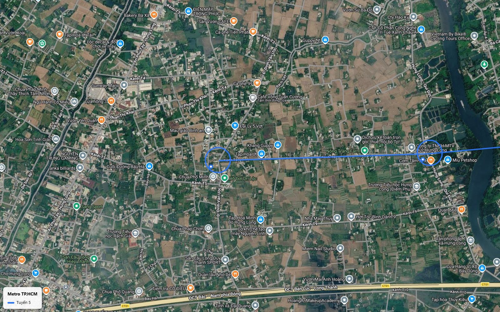 Khung bản đồ điểm cuối nhánh Hưng Long metro số 5 gần kênh T5 và đường Đinh Văn Ước, Bình Chánh