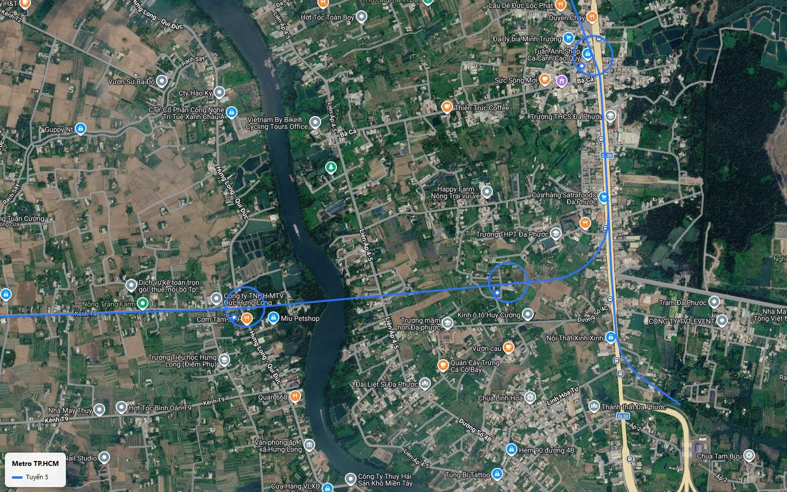 Khung toàn cảnh bản đồ metro số 5 tách khỏi Quốc lộ 50 tại Đa Phước, uốn về Đông Nam qua đường Số 4C