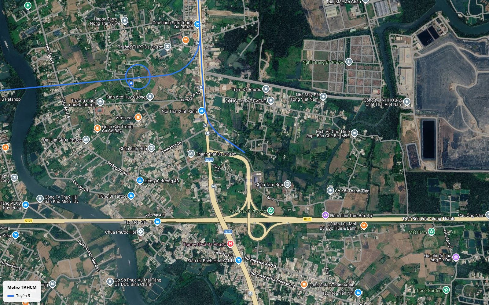 Khung cuối toàn cảnh bản đồ metro số 5 TP.HCM gần nút giao Quốc lộ 50 và cao tốc Bến Lức Long Thành