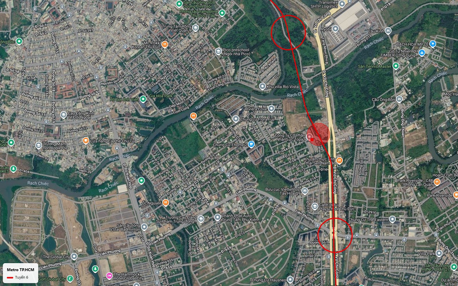 Bản đồ tuyến metro số 6 bám đại lộ Võ Chí Công đoạn Tăng Nhơn Phú băng rạch Chiếc giữa khu dân cư khu Đông