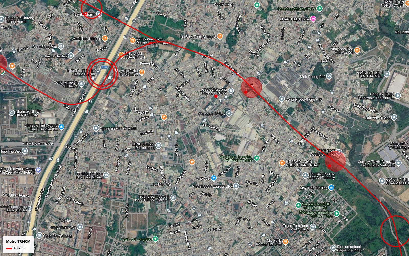 Bản đồ ga Bình Thái trên Xa lộ Hà Nội QL52 nơi tuyến metro số 6 giao tuyến metro số 1 Bến Thành Suối Tiên
