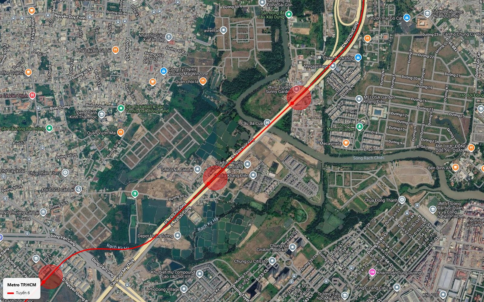 Bản đồ tuyến metro số 6 dọc Võ Chí Công vượt cầu Bà Cua qua Mega Village Melosa Garden Khang Điền và depot Hoàn Tường