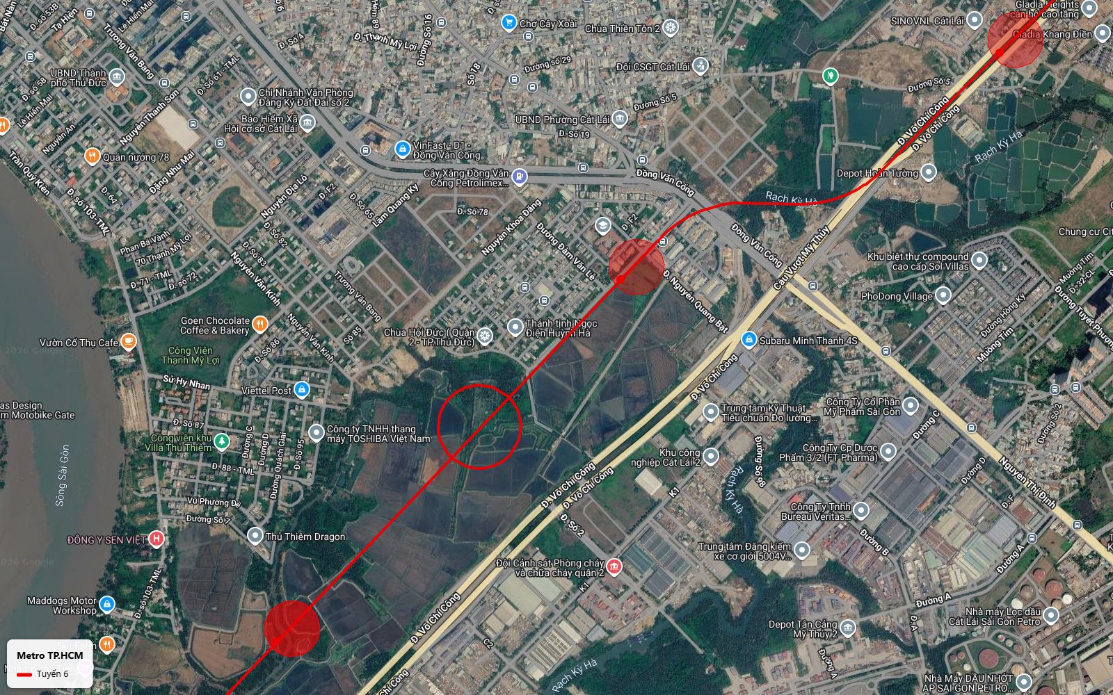 Bản đồ tuyến metro số 6 cắt trục Đồng Văn Cống phường Cát Lái gần cầu vượt Mỹ Thủy và khu công nghiệp Cát Lái 2