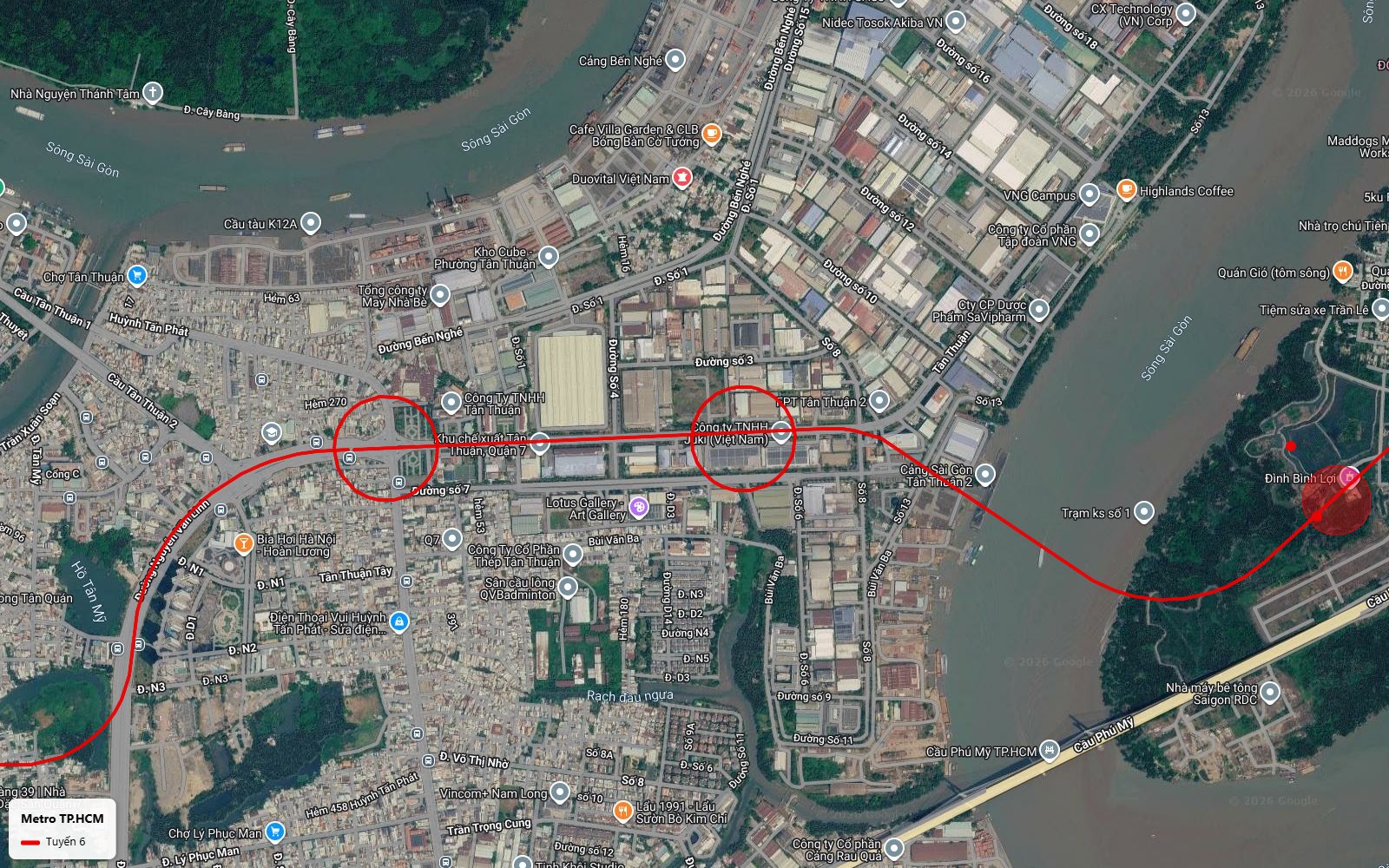 Bản đồ tuyến metro số 6 xuyên Khu chế xuất Tân Thuận Quận 7 với ga gần Công ty Juki và đường Huỳnh Tấn Phát