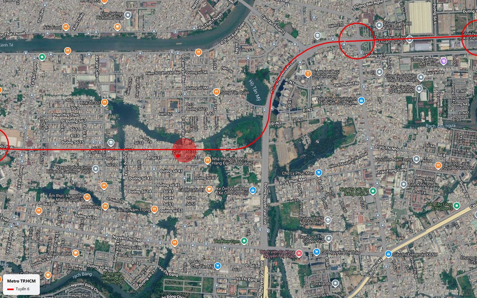 Bản đồ tuyến metro số 6 uốn theo Nguyễn Văn Linh qua hồ Tân Mỹ giữa Kênh Tẻ và Nguyễn Thị Thập Quận 7