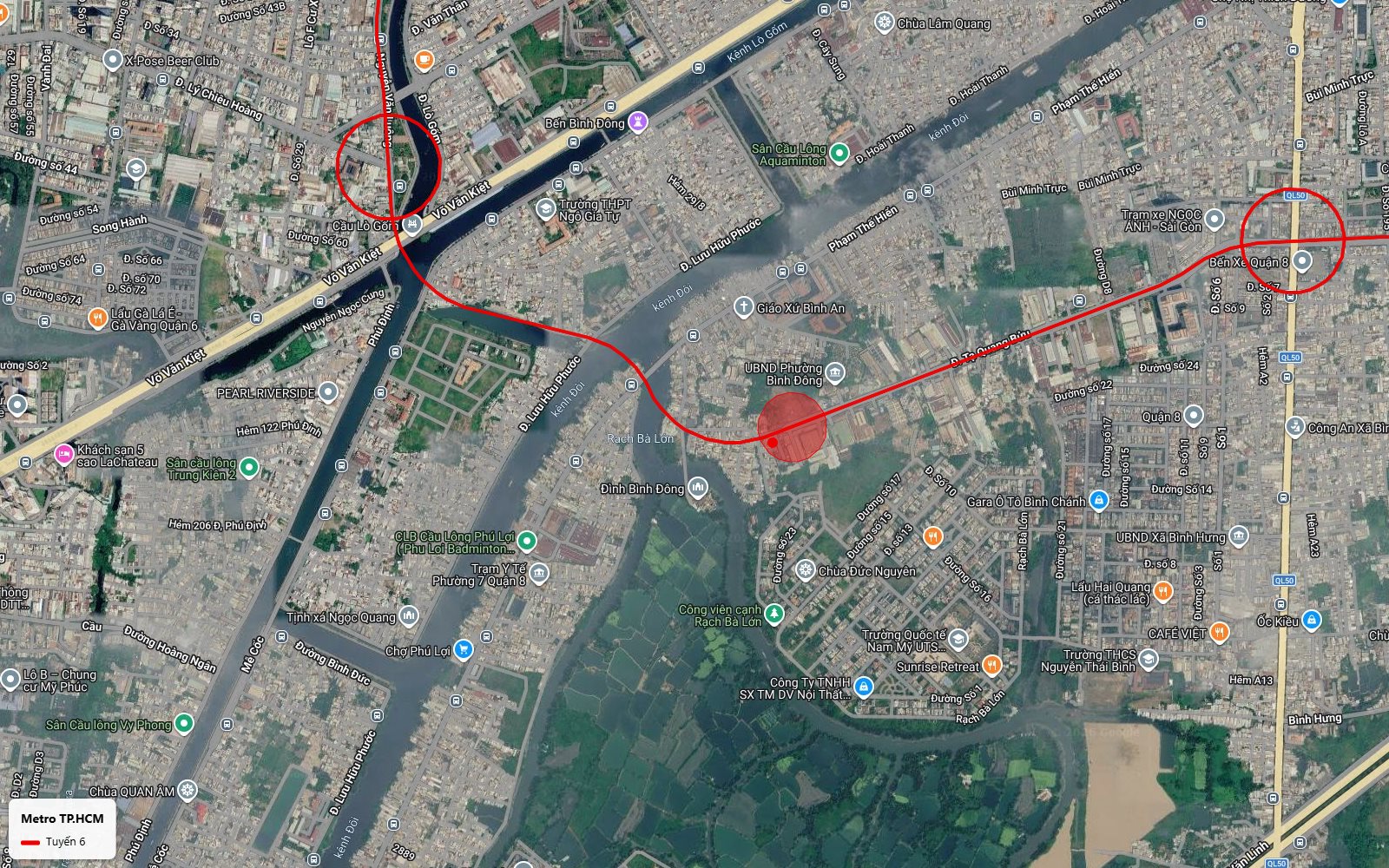 Bản đồ tuyến metro số 6 qua phường Bình Đông vượt kênh Đôi men Lưu Hữu Phước hướng cầu Lò Gốm và Võ Văn Kiệt