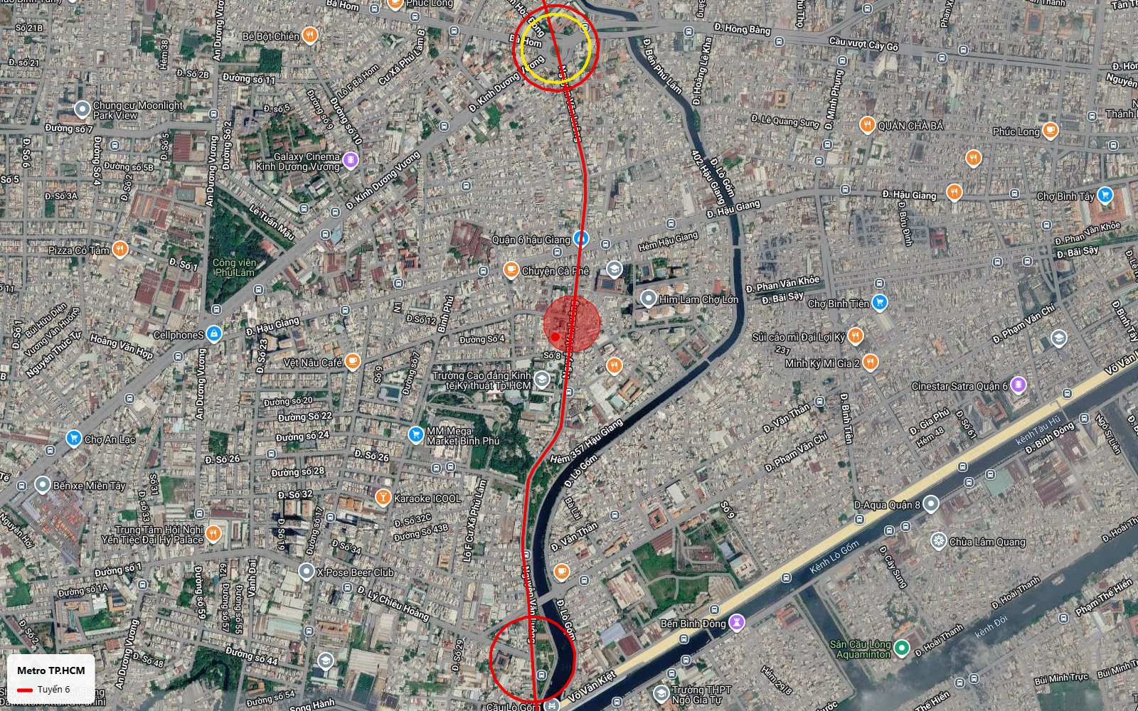 Bản đồ ga trung chuyển tuyến metro số 6 tại vòng xoay Phú Lâm Quận 6 trên trục Kinh Dương Vương gần Bến xe Miền Tây