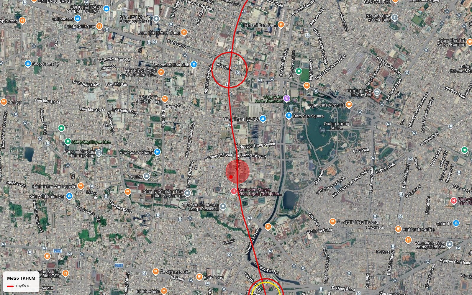 Bản đồ tuyến metro số 6 dọc đường Hòa Bình cạnh công viên Đầm Sen quảng trường Âu Lạc và kênh Tân Hóa Quận 11