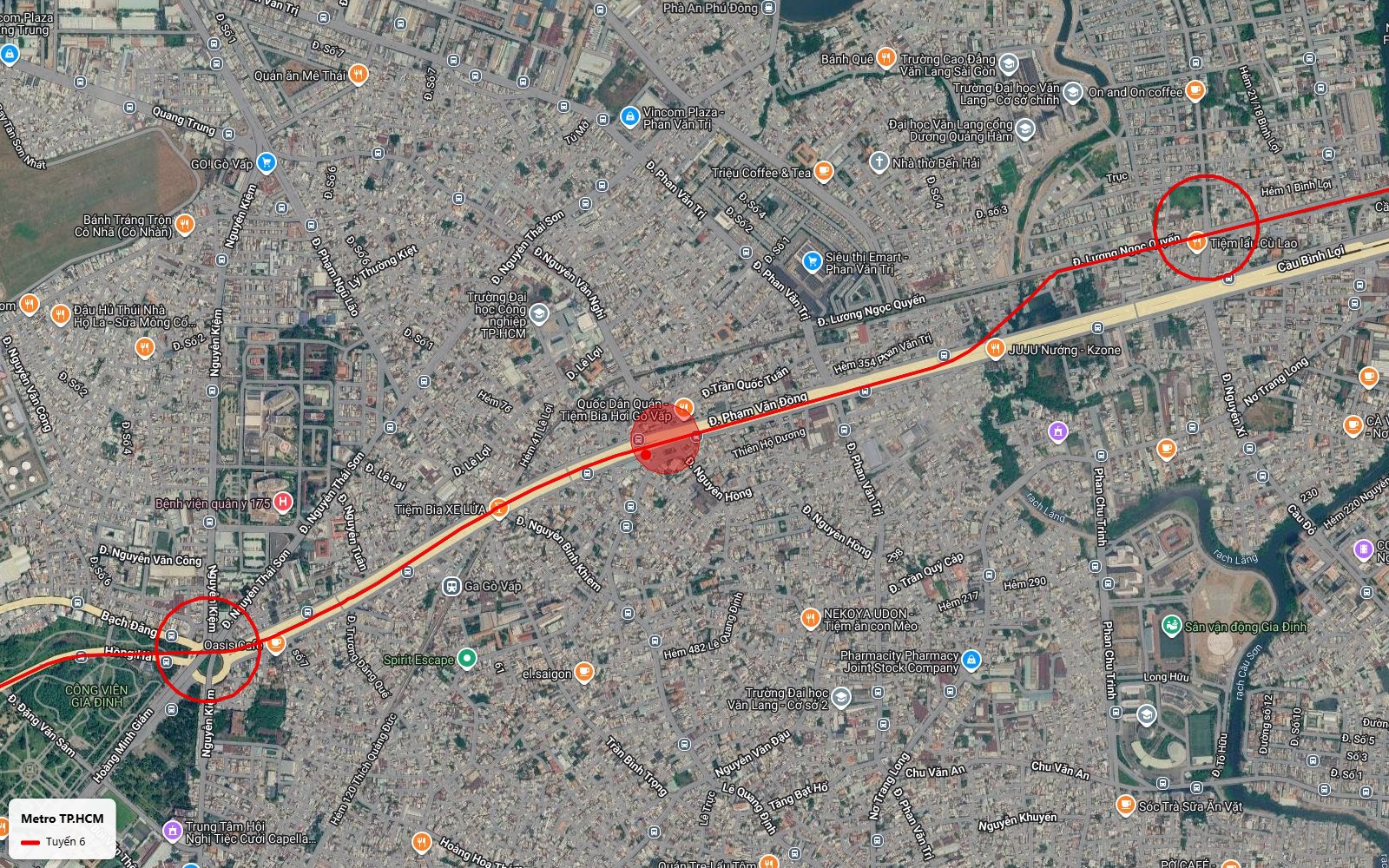 Bản đồ tuyến metro số 6 dọc đại lộ Phạm Văn Đồng qua Gò Vấp gần Đại học Văn Lang tới đầu cầu Bình Lợi