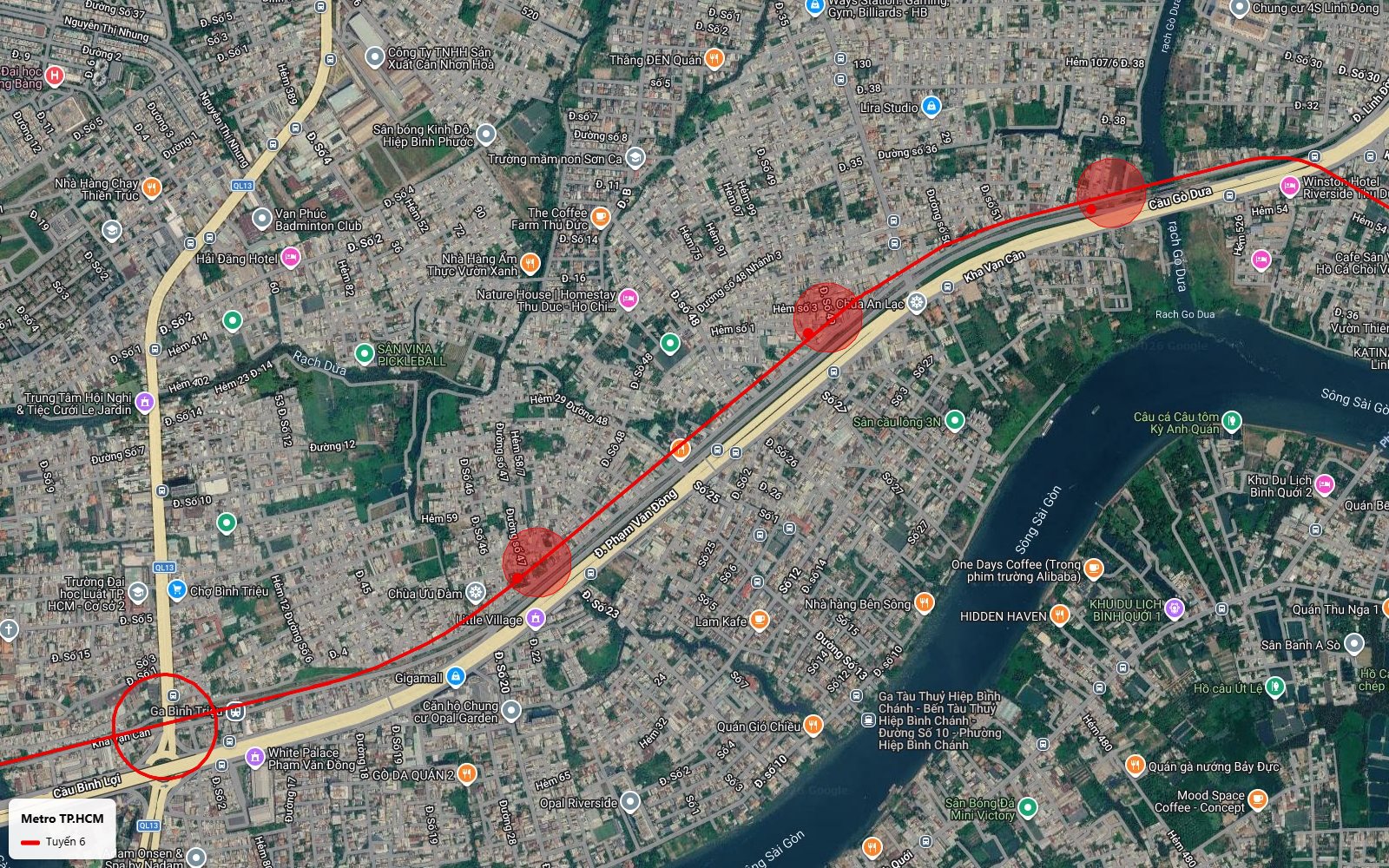 Bản đồ ba nhà ga tuyến metro số 6 đoạn Hiệp Bình Chánh Hiệp Bình Phước trên Phạm Văn Đồng Kha Vạn Cân và cầu Gò Dưa